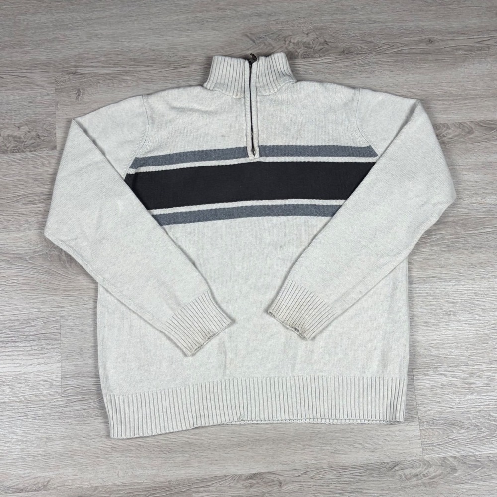 Eddie Bauer Quarter Zip Sweater Mens L Oatmeal Grey Striped Mock Neck Knit